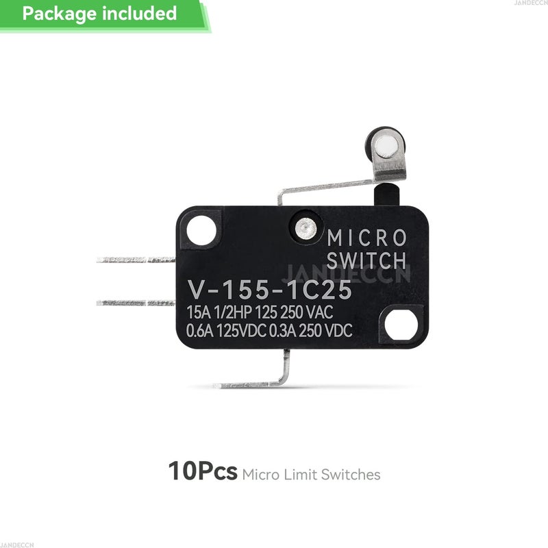JANDECCN 10Pcs Lead Limit Switch Short Hinge Roller Lever Arm, SPDT 1NO 1NC Snap Action Micro Switch V-155-1C25 - Image 5